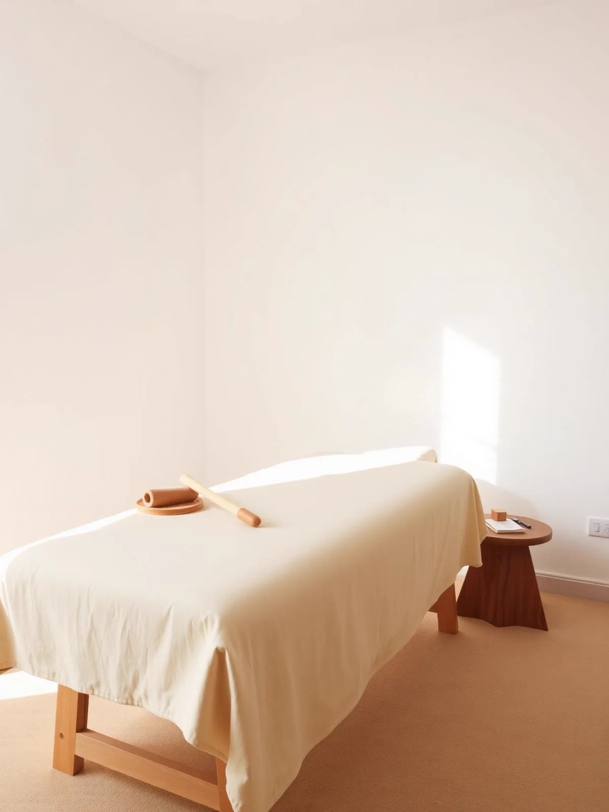 Deep Tissue / Sports Massage — airy treatment room with a linen couch and wooden massage tools