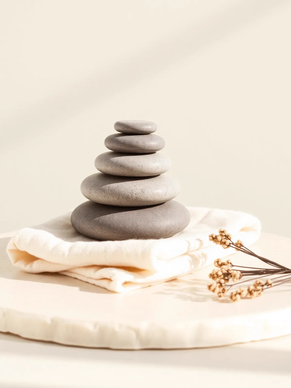Hot Stone Massage — stack of smooth basalt stones on cream linen in daylight