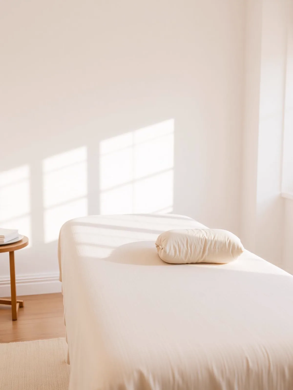 Pregnancy Massage — treatment table with a soft bolster cushion in a sunlit room